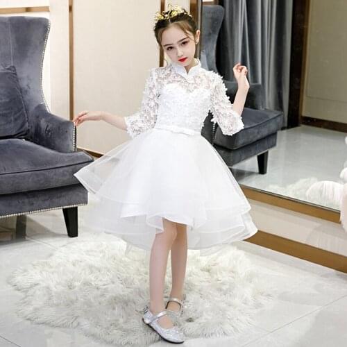 White Lace Flower Girl Dress for Wedding Party Princess Birthday Pageant Ball Gown Appliques Half Sleeve First Communion Costume