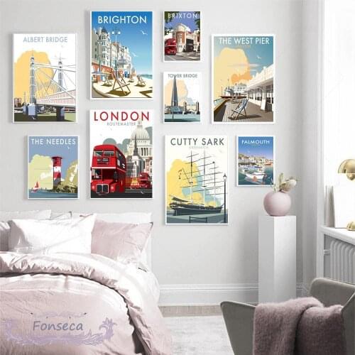 England London Brighton Landscape Canvas Painting Wall Art Famous City Poster Nordic Cartoon Sailboat Lighthouse Beach Picture