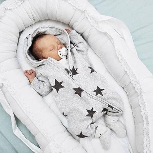 Newborn Baby Girls Boys Romper Infant Long Sleeve Zipper Star Print Hooded Jumpsuit Autumn Warm Outfits Casual One Piece Clothes