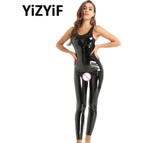 Women Bodysuit Wet Look Patent Leather Crotchless Catsuit Leotard Romper Jumpsuit Clubwear One-piece U Neck Sleeveless Bodysuits