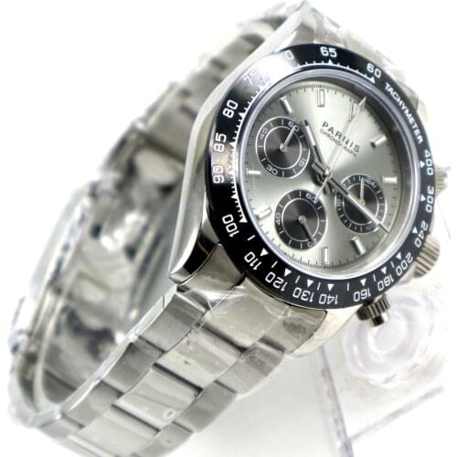 39mm PARNIS gray dial sapphire crystal solid full Chronograph quartz mens watch Luxury Pilot Sapphire Crystal Wrist Watch men