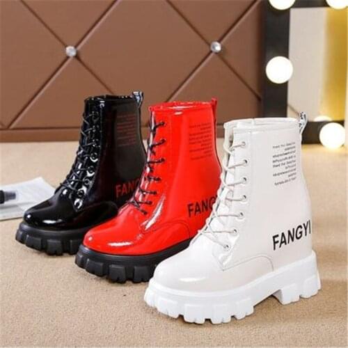 New Fashion Side Zip Chunky Platform Boots Women Warm Short Plush Leather Ankle Boots Height Increasing Winter Shoes Woman Black