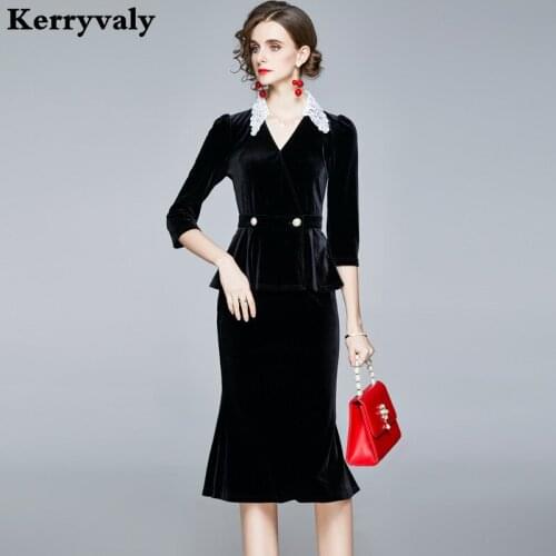 New 2 Piece Sets Womens Outfits Autumn Black Velvet Tops + Bag Hip Skirt Two-Piece Set Conjunto De Invierno Para Mujer K8218