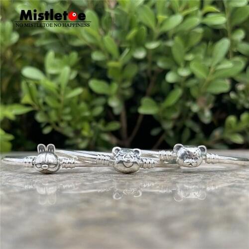 Mistletoe 925 Sterling Silver Cartton Cat Bear Bangle Bracelet Jewelry