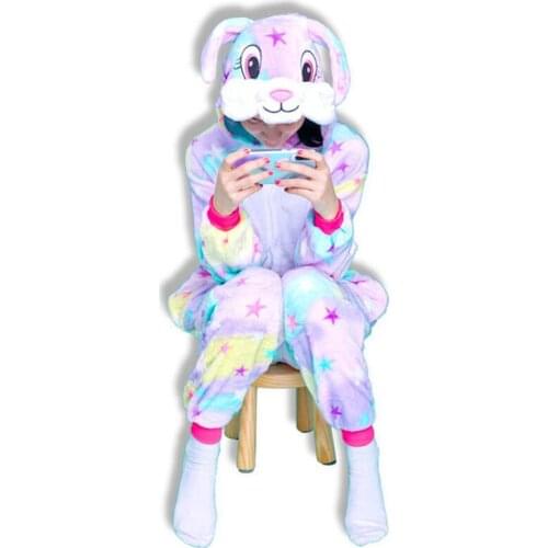 Onesie Pajamas Flannel Star Rabbit Cartoon Animal Pajamas Hooded Sleepwear Robe Romper Plus Size Cosplay Onesies for Adults