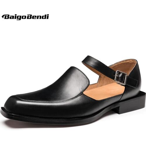 Size 37-44 Recommand ! Full Grain Leather Square Toe Men Sandals Cool Boy Summer Casual Shoes Trendy Shoes Man Must Have