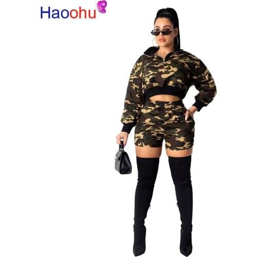 HAOOHU Sexy Camouflage Two Piece Set Women Fall Winter Clothing Crop Top Biker Shorts Matching Suits 2 Piece Outfits Tracksuit