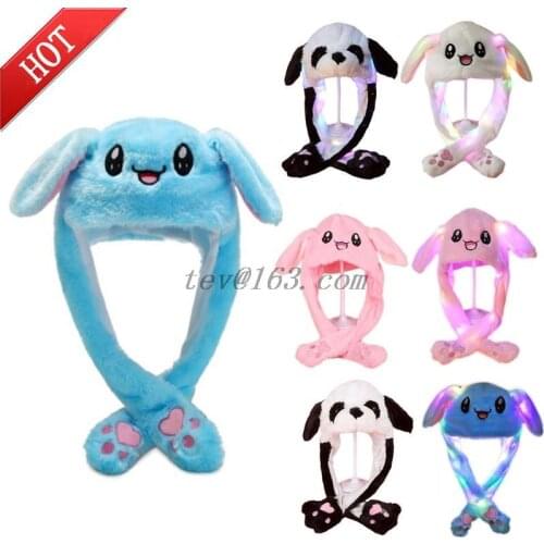 Adult Kids Light Up Plush Animal Hat with Moving Ears Cartoon Rabbit Bunny Panda LED Glowing Earflap Cap Stuffed Toys