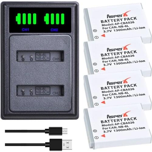 4Pcs NB-6L NB 6L NB-6LH Batteries + LED Dual USB Charger With Type C Port for Canon IXUS 310 SX240 SX275 SX280 SX510 SX500 HS 95