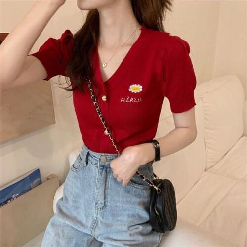Woman TShirts Knitwear Summer Embroidered Puff Sleeve T-shirt Crop Top Mujer Camisetas