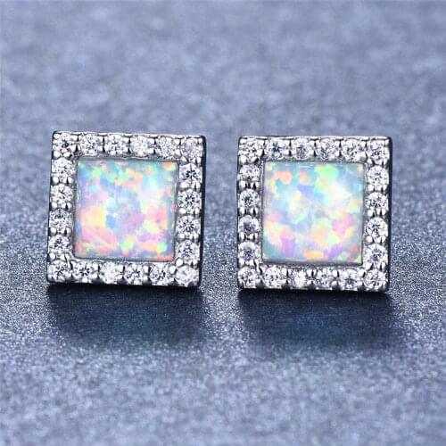 Boho Female Small Square Stud Earrings Silver Color Blue White Fire Opal Earrings Vintage Wedding Earrings For Women