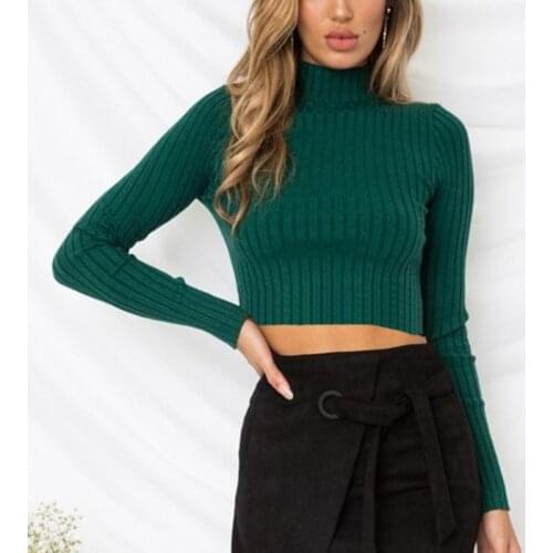 Women Long Sleeve Bodycon T Shirts Turtleneck Ribbed Knitted Striped Crop Top Solid Color Ruffles Trim Slim Basic Pullover