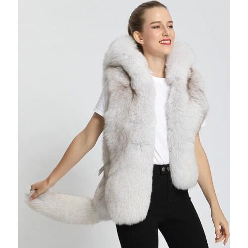 Real Fur Vest Fox Fur Waistcoat With Fox Tail 100% Full Pelt Fashion Womans Fox Fur Hooded Coat