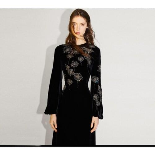 Designer New Spring Autumn New Women Black Embroidery High Quality Office Party Casual Vintage Chic Elegant Fashion Velvet Dress