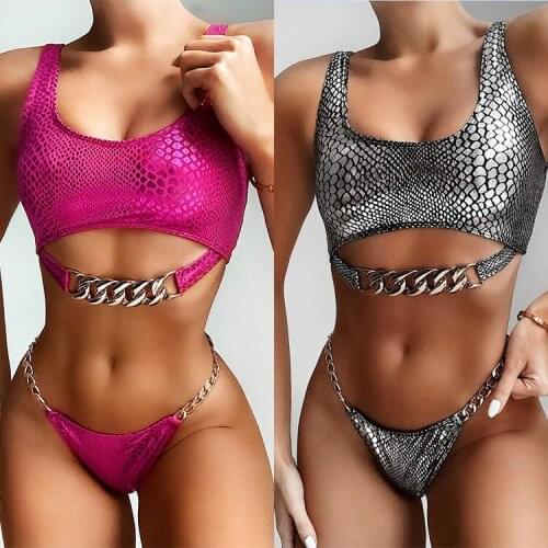 Womens Summer New Bikini Hot-Stamping Snake-Print Fabric Sexy Ladies Split Swimsuit 2-Piece Swimsuit Brazilian Sexy Gini Suit