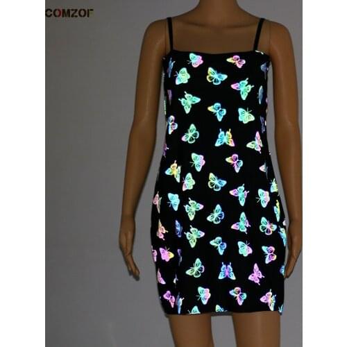 Slim Fit Dress Women Mini INS Colorful Reflective Butterfly Printed Camisole Evening Dresses Sexy Reflect Light Gothic Clothes