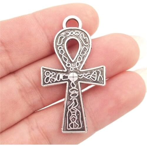 BULK 30 Zinc Alloy Vintage Silver Plated Egypt Egyptian Ankh Cross Pendants Charms for Handmade Necklaces Making 20*37mm 3.4g