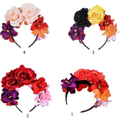 6XDA Womens Simulated Rose Flower Crown Headband Day of The Dead Halloween Headpiece Colorful Fake Stamen Party Hair
