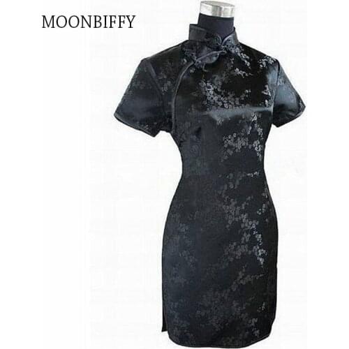 6XL Black Traditional Chinese Sexy Dress Mujer Vestido Womens Satin Qipao Mini Cheongsam Flower Plus Size