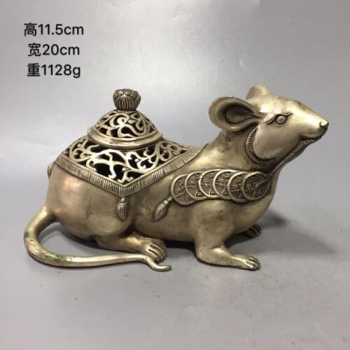 Antique pure white copper ware Cupronickel carvings The mouse/rat pulls money incensory statue Incense burner Trinkets censer