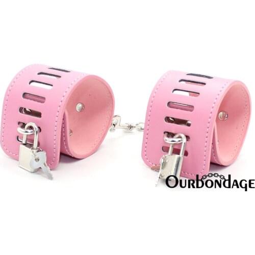 Ourbondage Pink Strap White Heart PU Leather Fetish Bondage Flirting Wrist Ankle Cuffs With Padlock For Adult Sex Toy