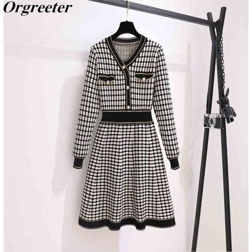 High Quality 2020 Autumn Shinny Sweater Dress Women Pearl button Knitted V-neck Long Sleeve Palid A-line Knitted Mini Dress