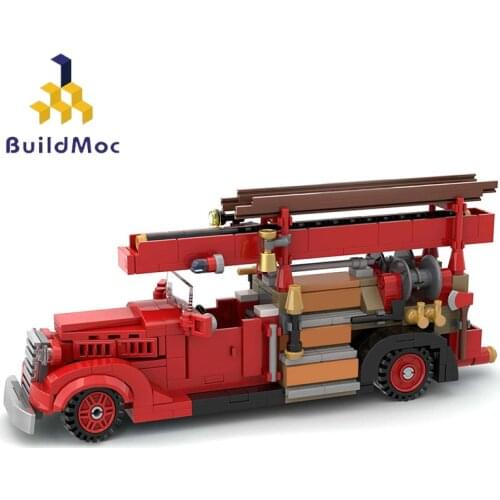 Buildmoc V8-85 Vintage Car City Poice Fir Truck 1937 Firefighter Rescue Trucks Technical Model Building Blocks Vehicle Toys Gift