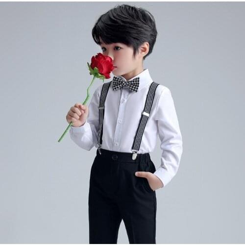 Kindergarten Graduation Suit Children Costume Kids Birthday Dress Korea Boys T Shirt+Suspender+Pants+BowTie 4PCS Clothing Set