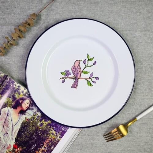Enamel Ink Painting Eyebrow round Enamel Plate Dish Thickened Fruit Plate Household Baked Rice Turnip Plate