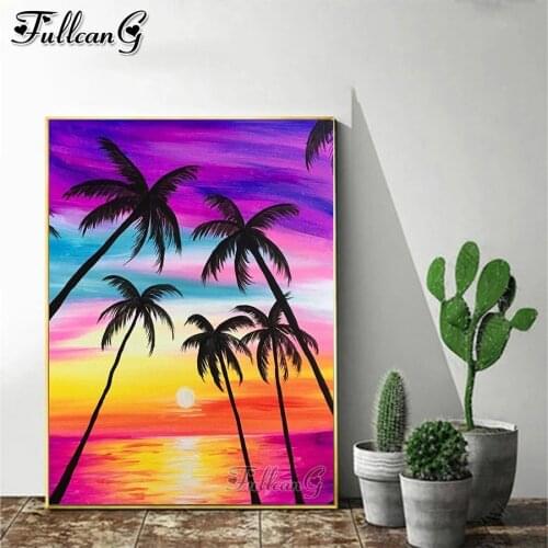 FULLCANG sunset palm tree landscape 5d diy diamond painting full square round drill rhinestone embroidery kits decoration FG0200