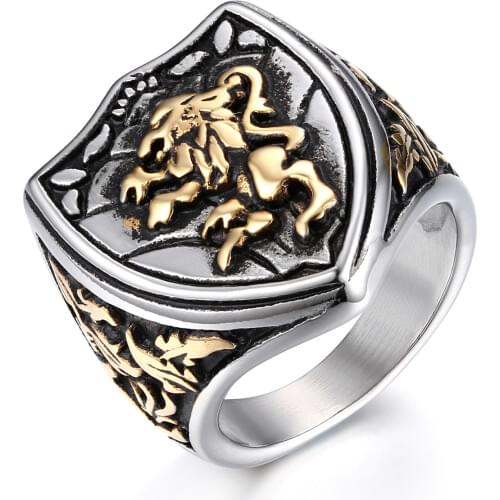 BONISKISS Mens Ring Cool Gothic Lion Sheild Stainless Steel Man King Crown Rings Anillos Vintage Jewelry Decoration Ring Bijoux