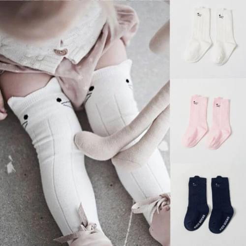 2020 Cartoon Baby Kids Girls Stockings Knee High Tights Cat Ears White Pink Stocking for Toddlers Cotton 0-4Y