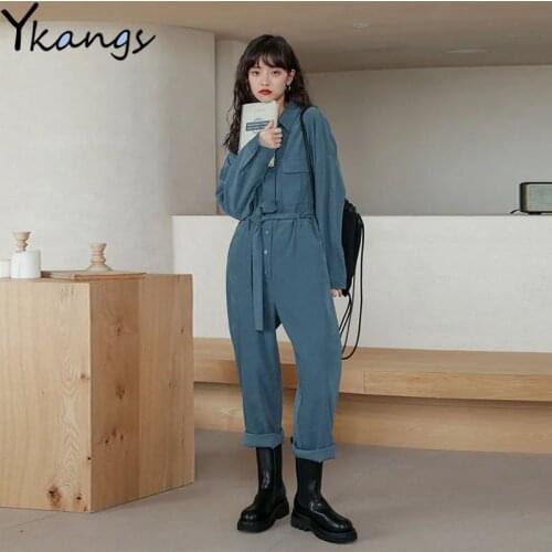 Khaki Jumpsuits Plus Size High Waist Turndown Straight Trousers Jumpsuit S-4XL Overalls Womens Overalls Playsuits Long-Sleeved