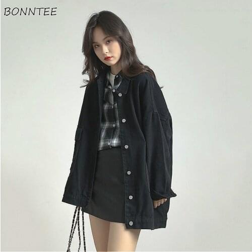 Basic Jackets Women Spring Outwear Vintage Cargo Turn-down Collar Basic Loose Chic Ins Harajuku Black Stylish Streetwear Pure BF