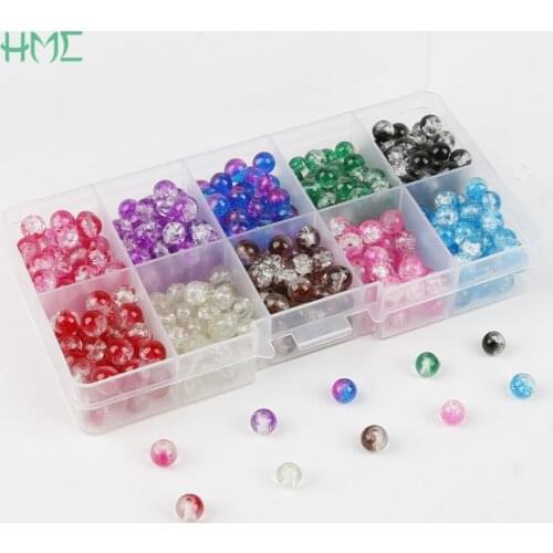 6/8mm Round Crackle Glass Crystal Loose Spacer Beads Kit Box for DIY Craft Charms Jewelry Making Bracelets Necklaces Mixed Color