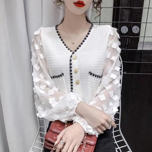 2021 Spring Autumn New V-neck Weater Cardigan Womens Stitching Mesh Chiffon Sleeve Knitting Sweater All-match Thin Top Female