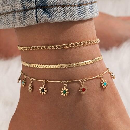 Docona Charm Colorful Flower Tassel Anklets Set for Women Bohe Multilayer Geometric Metal Alloy Female Beach Party Jewelry 17142