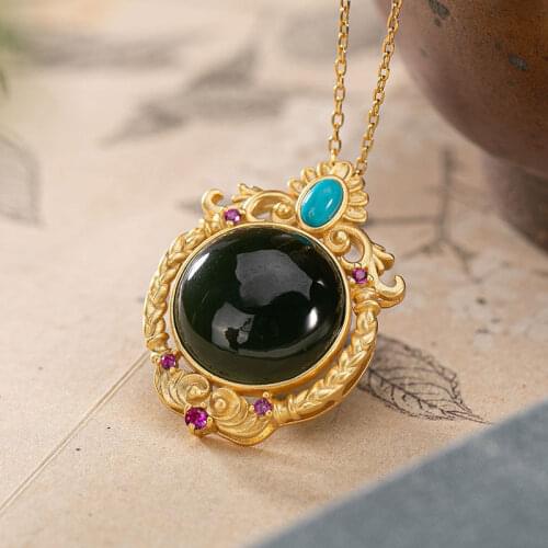 Original design Newsilver inlaid natural Hotan black Chalcedony pendant necklace Chinese style palace retro womens jewelry
