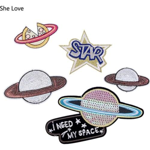 Chzimade Sequins Planet Patch For Clothing Bag Sticker Iron On Embroidered Fabric Appliques Sewing Accessories