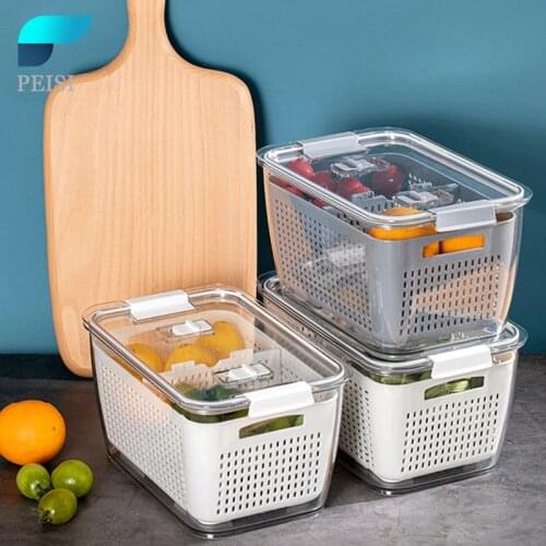 PEISI Fridge Storage Box Vegetable Fruit Boxes Drain Basket Storage With Lid Kitchen Tools Organizer Home Kitchen Accessories