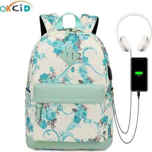 OKKID flower backpack teenage girls school bags student backpack usb port earphone jack travel backpack girl floral schoolbag