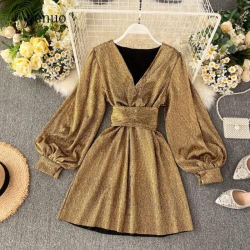 Spring Autumn Womens Bright Color Dress V-neck Lantern Sleeve Gold Bright Silk Lace Retro Dress Female Sexy Party Dress