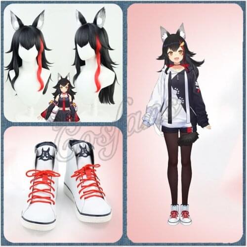 VTuber Ookami Mio Wig Ears Hololive Gamers Black Red Highlight Long Neta Wolf Girls Cosplay Synthetic Hair Accessories Role Play