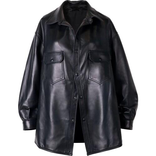 YOLOAgain Women Genuine Leather Single Breasted Oversized Leather Coat
