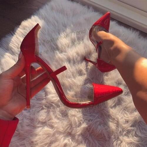Moraima Snc Red Patent leather Clear PVC High Heel Shoes Sexy Pointed Toe Woman Pumps Stiletto Slip on Party Heels