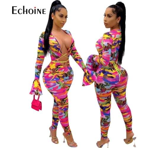 Echoine Women Tie-Dye Camouflage Print Workout Activewear Romper Jumpsuit Lace Up Open Front Fitness Bodycon Sexy Club Overalls