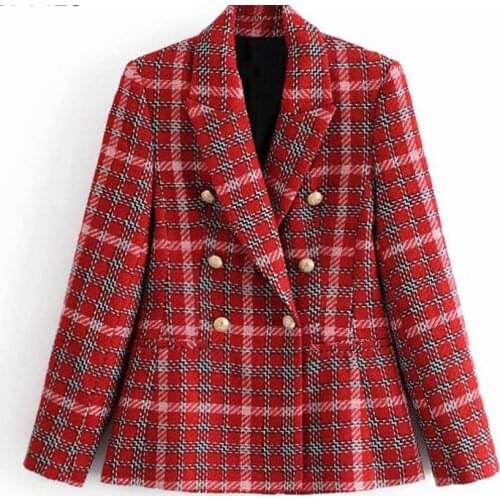 2021 New Vintage Plaid Woolen Jacket Coat Woman Double Breasted Suits Female Outwear Clothes