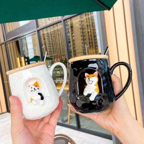 430ml 3D Relief Cute Cartoon Animals Relief Ceramics Mug With Lid and Spoon Coffee Milk Tea Handle Cup Novelty Gifts Birthday