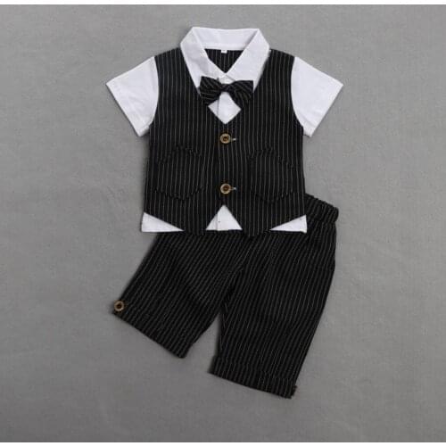 TELOTUNY Childrens Gentlemans Short Sleeve Set Kids Boys Bowknot Cotton Striped Shirts+Shorts Two-Piece Set Baby Clothes