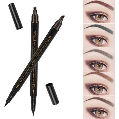 1PC 2 In 1 Double-end Eyebrow Eyeliner Pen Waterproof Non-dizzy Eyeliner Pencil 4 Fork Eyebrow Tattoo Eyes Makeup Cosmetic TSLM1